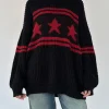 Motel Rocks Jumpers-Lulees Oversized Jumper in Black with Red Star and Stripes BlackwithRedStarandStripes