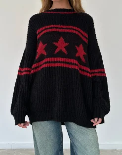 Motel Rocks Jumpers-Lulees Oversized Jumper in Black with Red Star and Stripes BlackwithRedStarandStripes