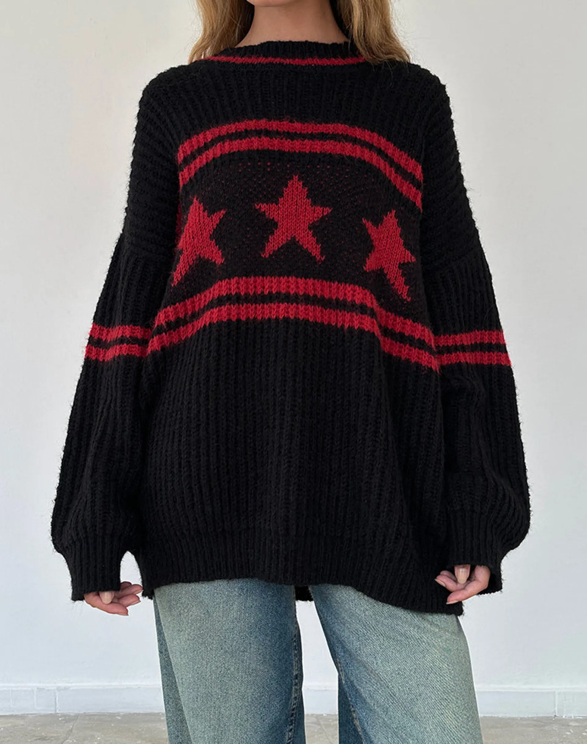Motel Rocks Jumpers-Lulees Oversized Jumper in Black with Red Star and Stripes BlackwithRedStarandStripes