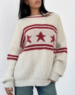 Motel Rocks Jumpers-Lulees Oversized Jumper in Oat with Star Stripe OatwithStarStripe