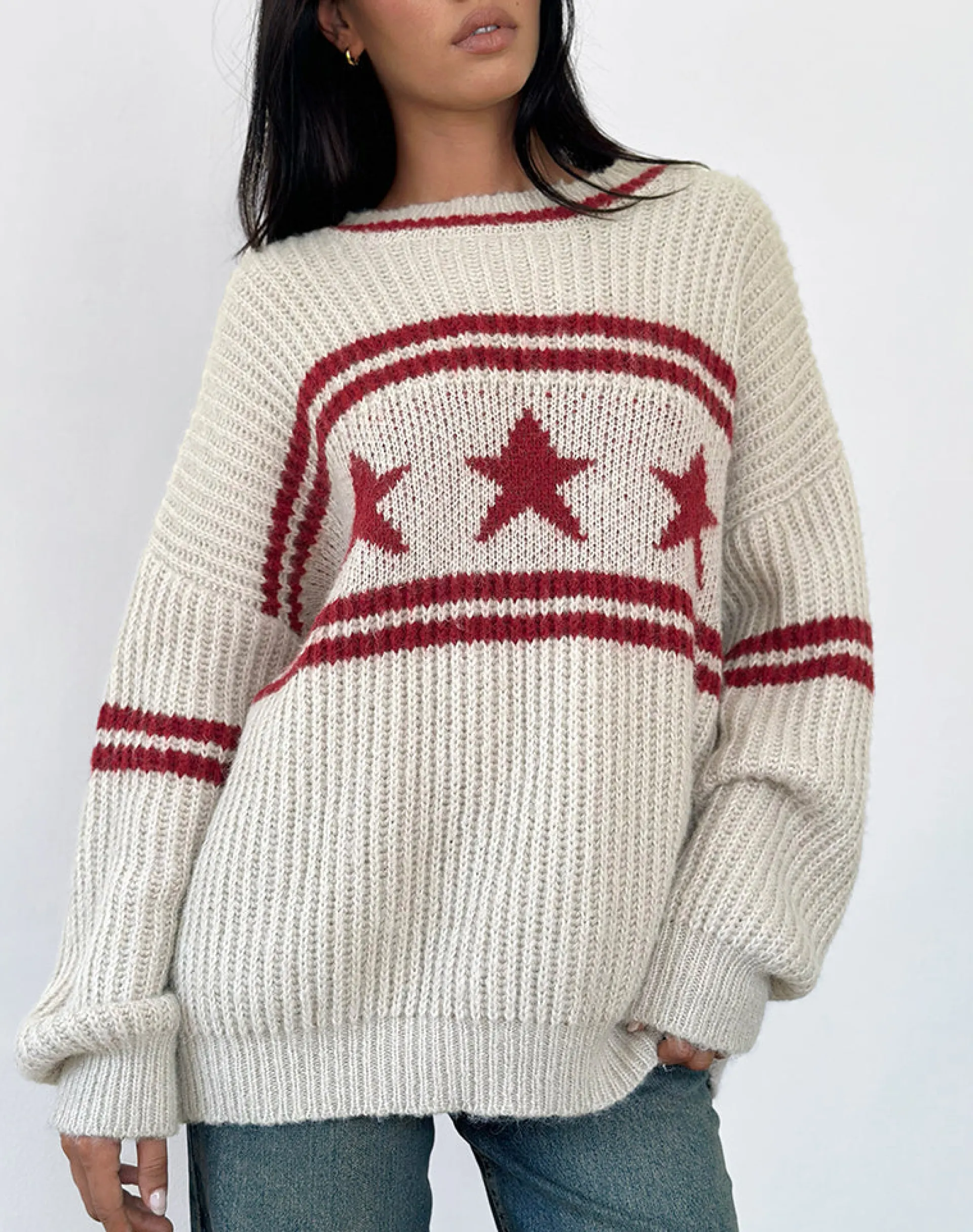 Motel Rocks Jumpers-Lulees Oversized Jumper in Oat with Star Stripe OatwithStarStripe