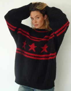 Motel Rocks Jumpers-Lulees Oversized Jumper in Black with Red Star and Stripes BlackwithRedStarandStripes