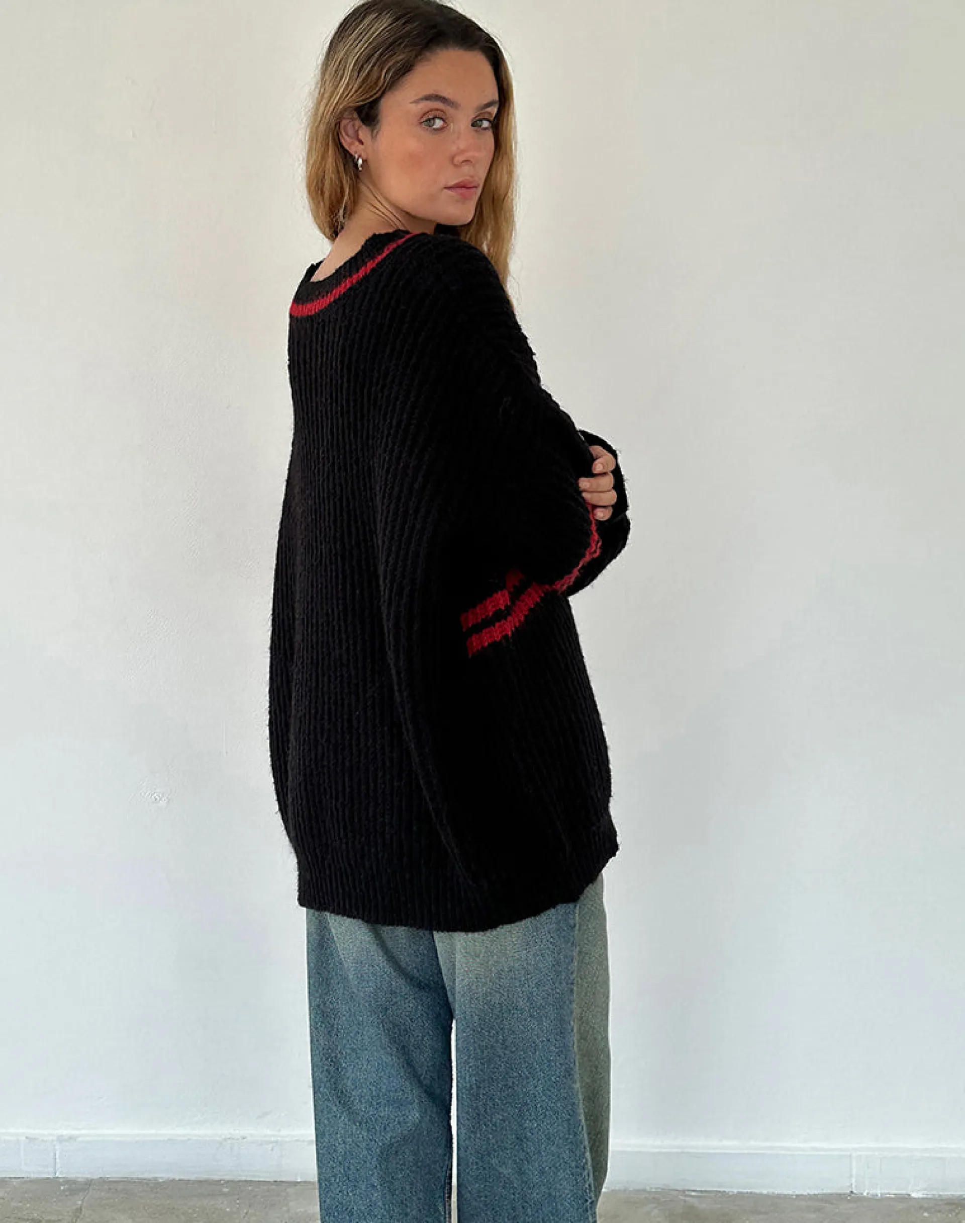 Motel Rocks Jumpers-Lulees Oversized Jumper in Black with Red Star and Stripes BlackwithRedStarandStripes