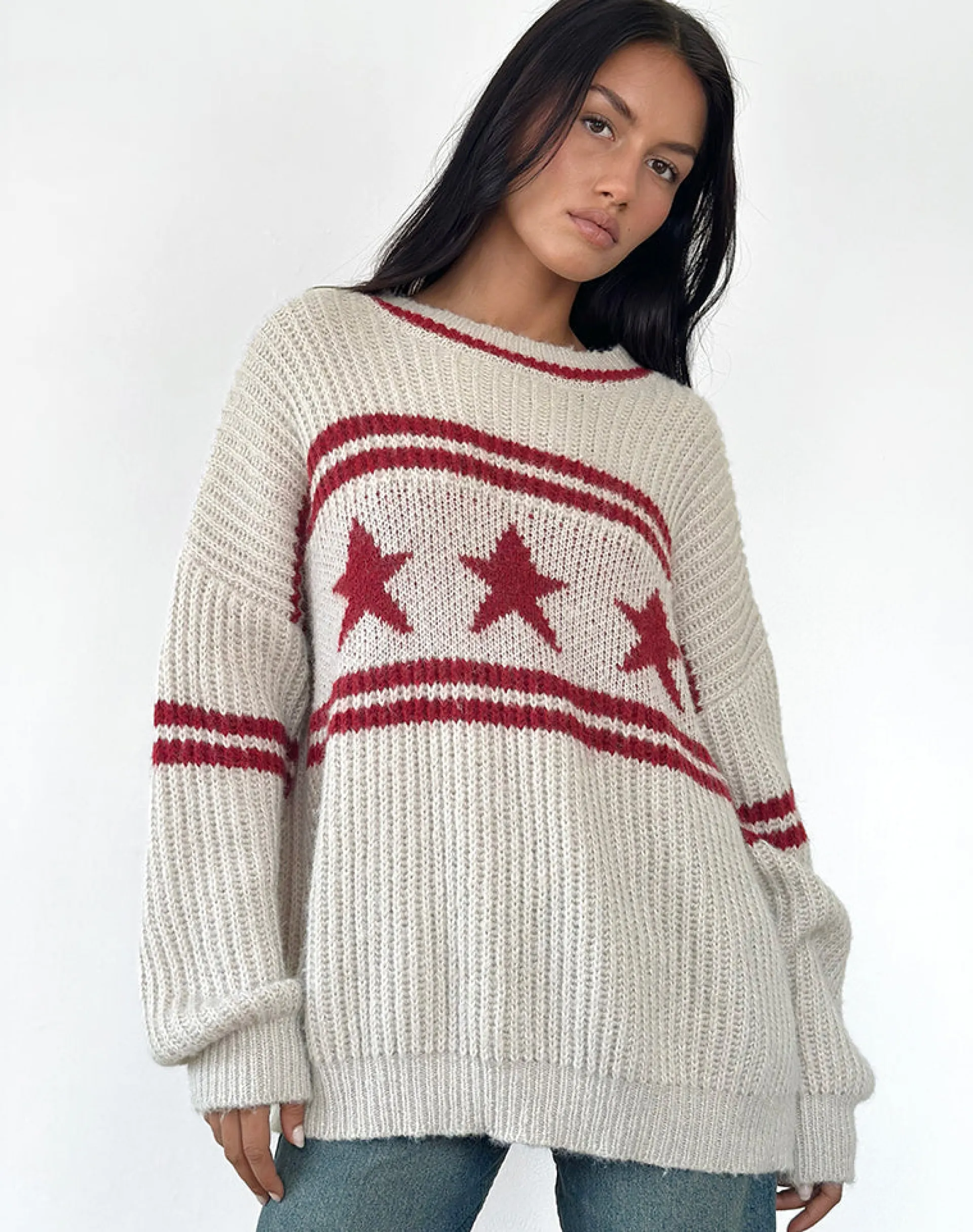 Motel Rocks Jumpers-Lulees Oversized Jumper in Oat with Star Stripe OatwithStarStripe