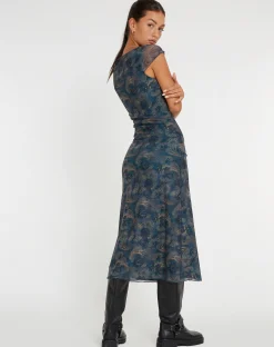 Motel Rocks Midi Dresses-Lunama Mesh Midi Dress in Tonal Blue Paisley
