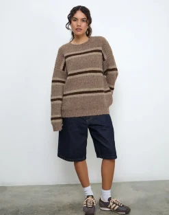 Motel Rocks Jumpers-Lunet Knitted Jumper in Stripe Tonal Brown StripeTonalBrown