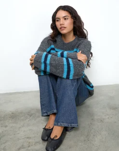 Motel Rocks Jumpers-Lunet Knitted Jumper in Stripe Grey and Blue StripeGreyandBlue