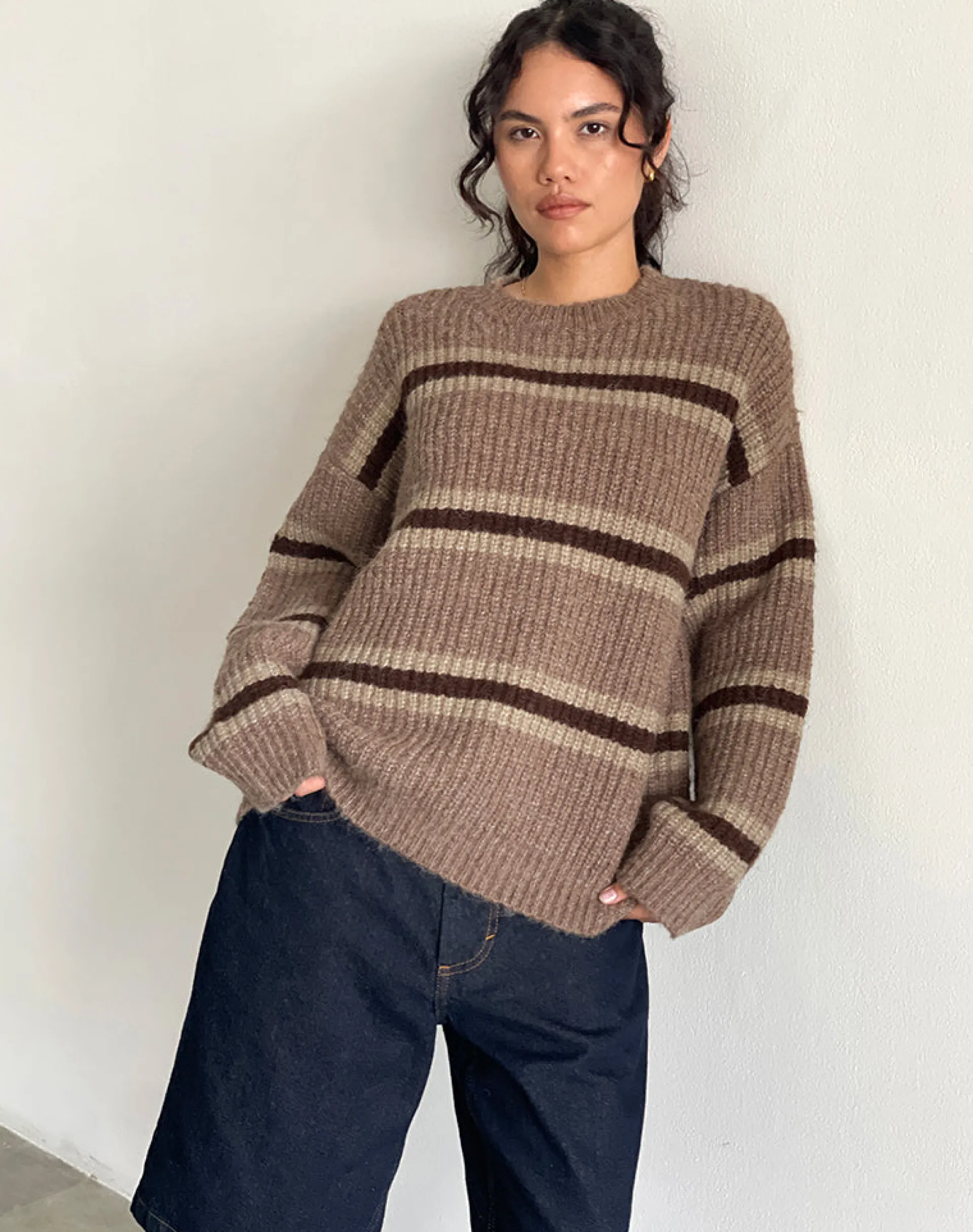 Motel Rocks Jumpers-Lunet Knitted Jumper in Stripe Tonal Brown StripeTonalBrown
