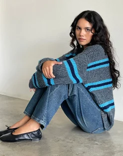 Motel Rocks Jumpers-Lunet Knitted Jumper in Stripe Grey and Blue StripeGreyandBlue