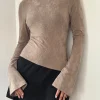 Motel Rocks Long Sleeve Tops-Lunica Long Sleeve Jersey Top in Jacquard Light Taupe JaqcuardLightTaupe