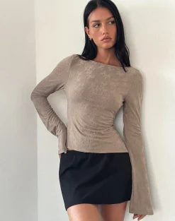 Motel Rocks Long Sleeve Tops-Lunica Long Sleeve Jersey Top in Jacquard Light Taupe JaqcuardLightTaupe