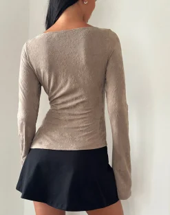 Motel Rocks Long Sleeve Tops-Lunica Long Sleeve Jersey Top in Jacquard Light Taupe JaqcuardLightTaupe