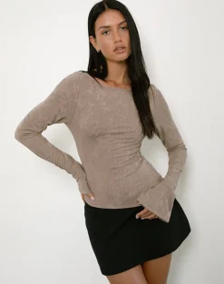 Motel Rocks Long Sleeve Tops-Lunica Long Sleeve Jersey Top in Jacquard Light Taupe JaqcuardLightTaupe