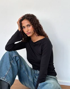Motel Rocks Basics | Basic Tops-Lunica Long Sleeve Top in Tissue Jersey Black TissueJerseyBlack