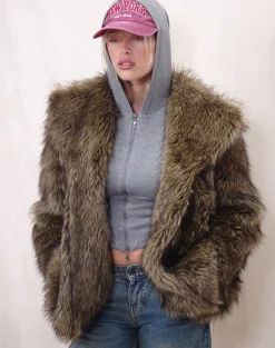 Motel Rocks Coats-Lupita Jacket in Faux Long Fur Brown FauxLongFurBrown