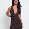 Motel Rocks Printed Dresses | Party Dresses-Luscian Plunge Mini Dress in Micro Polka Brown MicroPolkaBrown