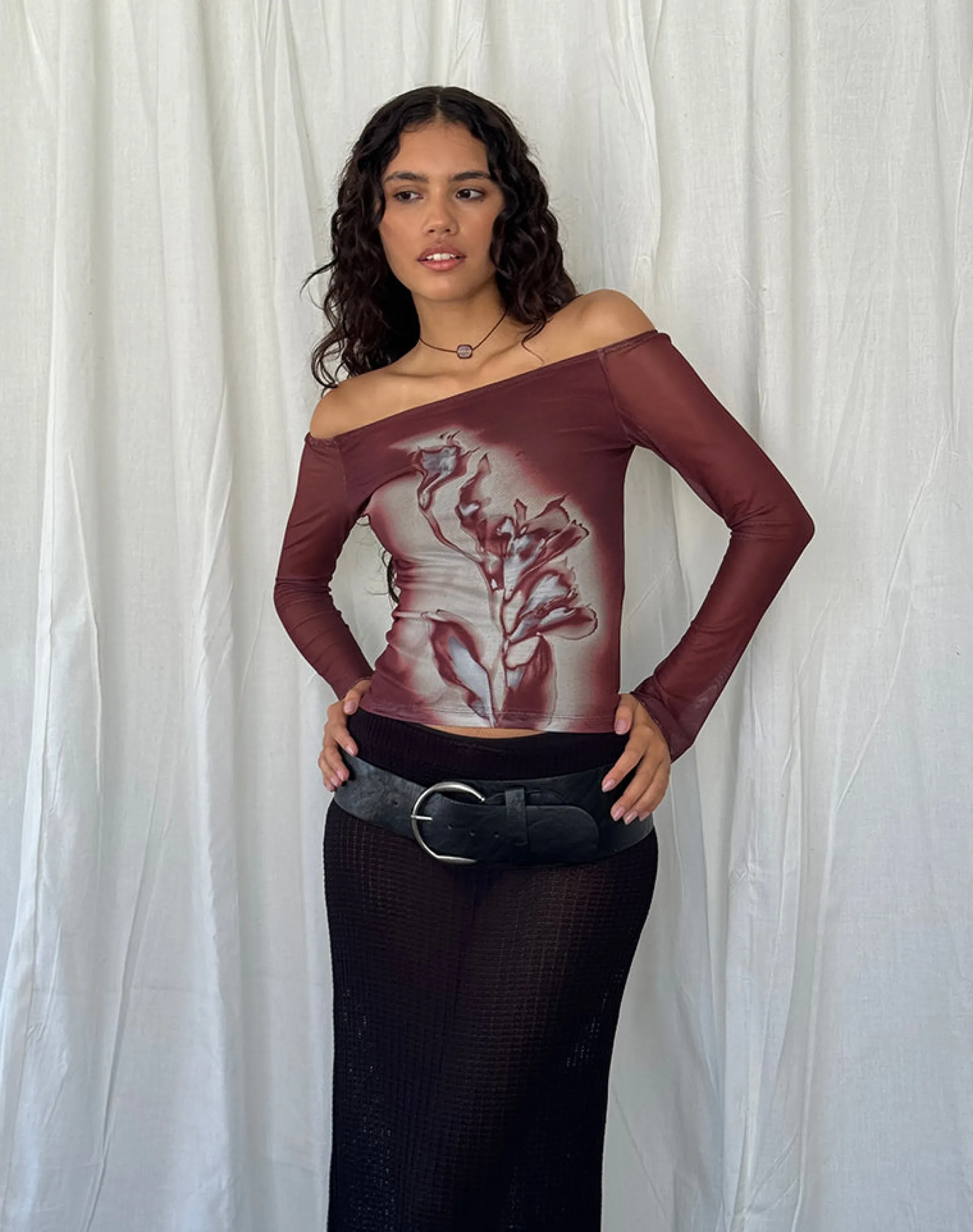 Motel Rocks Long Sleeve Tops-Lutana Bardot Top in Lumen Mesh Brown LumenMeshBrown