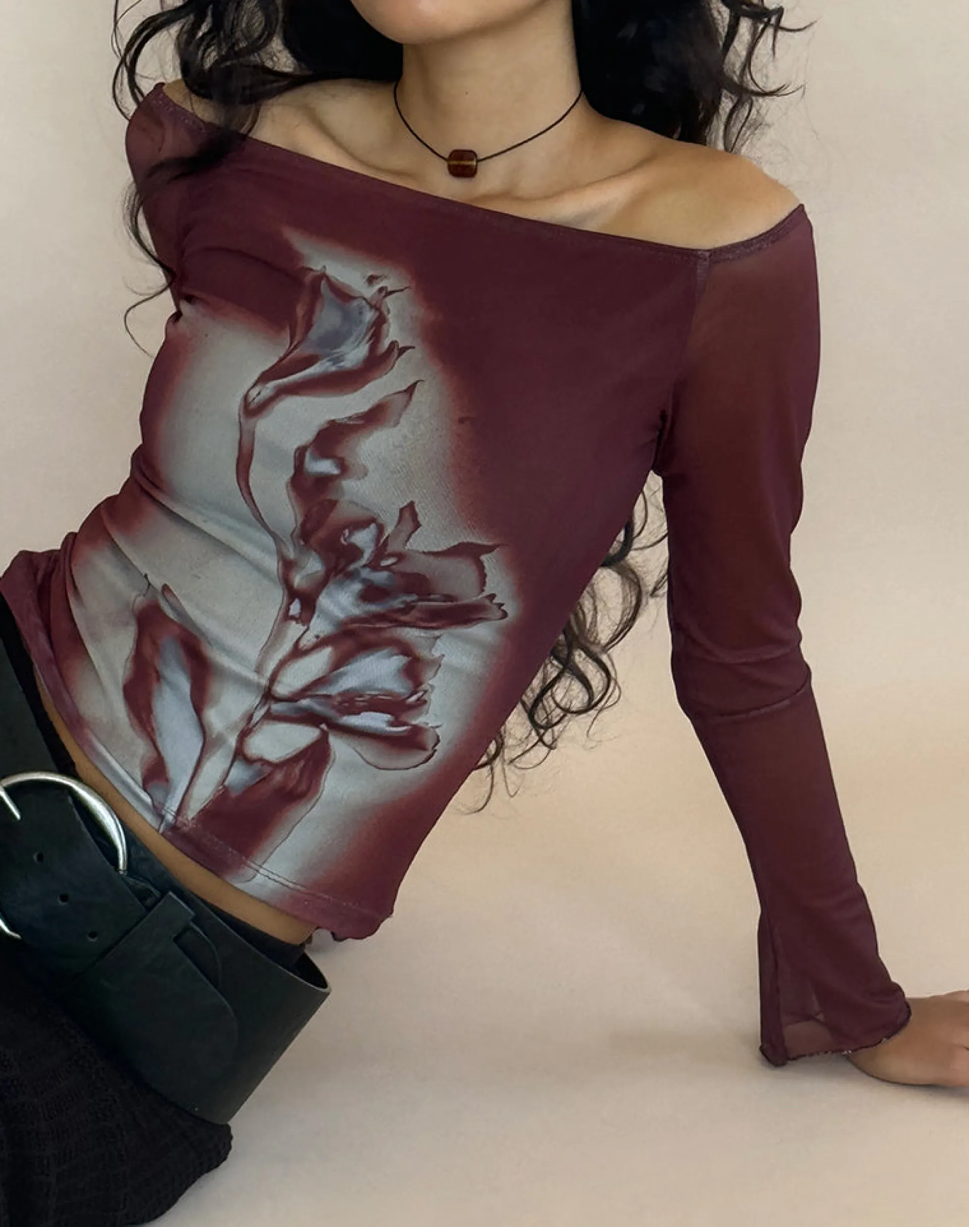 Motel Rocks Long Sleeve Tops-Lutana Bardot Top in Lumen Mesh Brown LumenMeshBrown