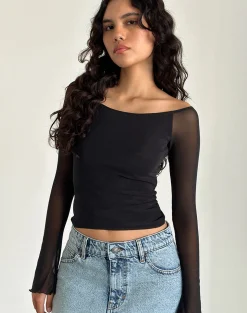 Motel Rocks Long Sleeve Tops | Going Out Tops-Lutana Bardot Top in Mesh Black MeshBlack