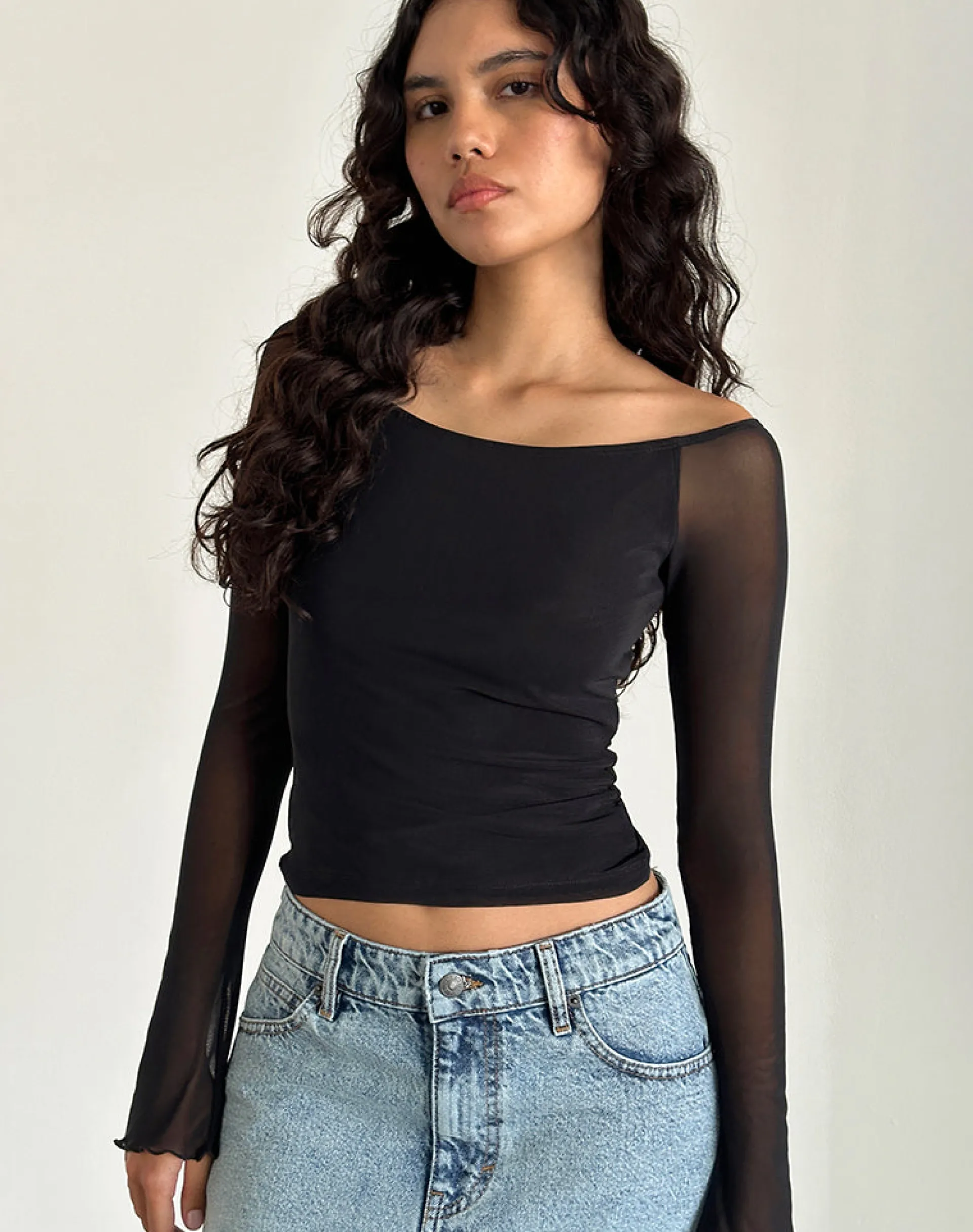 Motel Rocks Long Sleeve Tops | Going Out Tops-Lutana Bardot Top in Mesh Black MeshBlack
