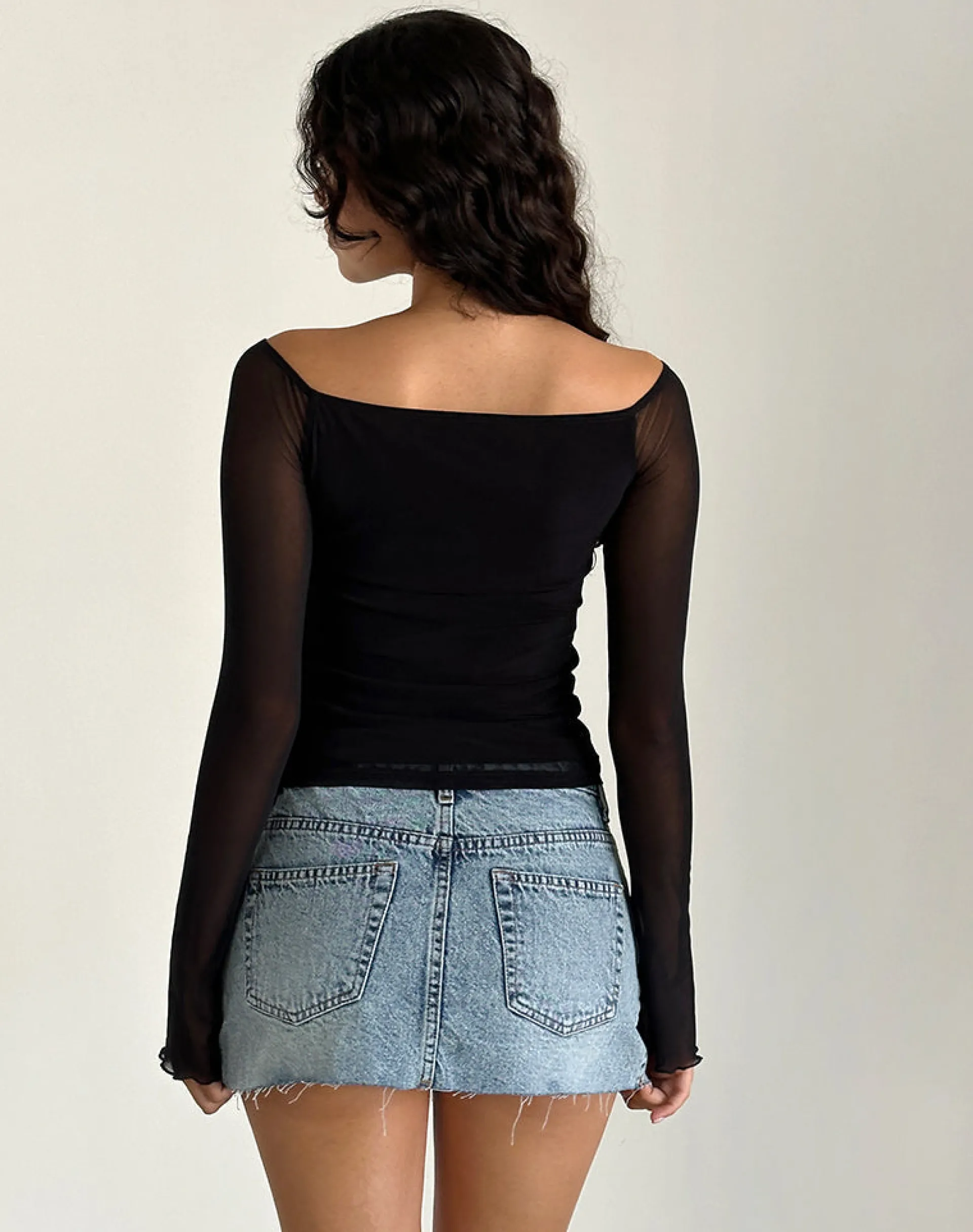 Motel Rocks Long Sleeve Tops | Going Out Tops-Lutana Bardot Top in Mesh Black MeshBlack