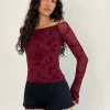 Motel Rocks Long Sleeve Tops | Going Out Tops-Lutana Top in Botanical Flower Maroon BotanicalFlowerMaroon