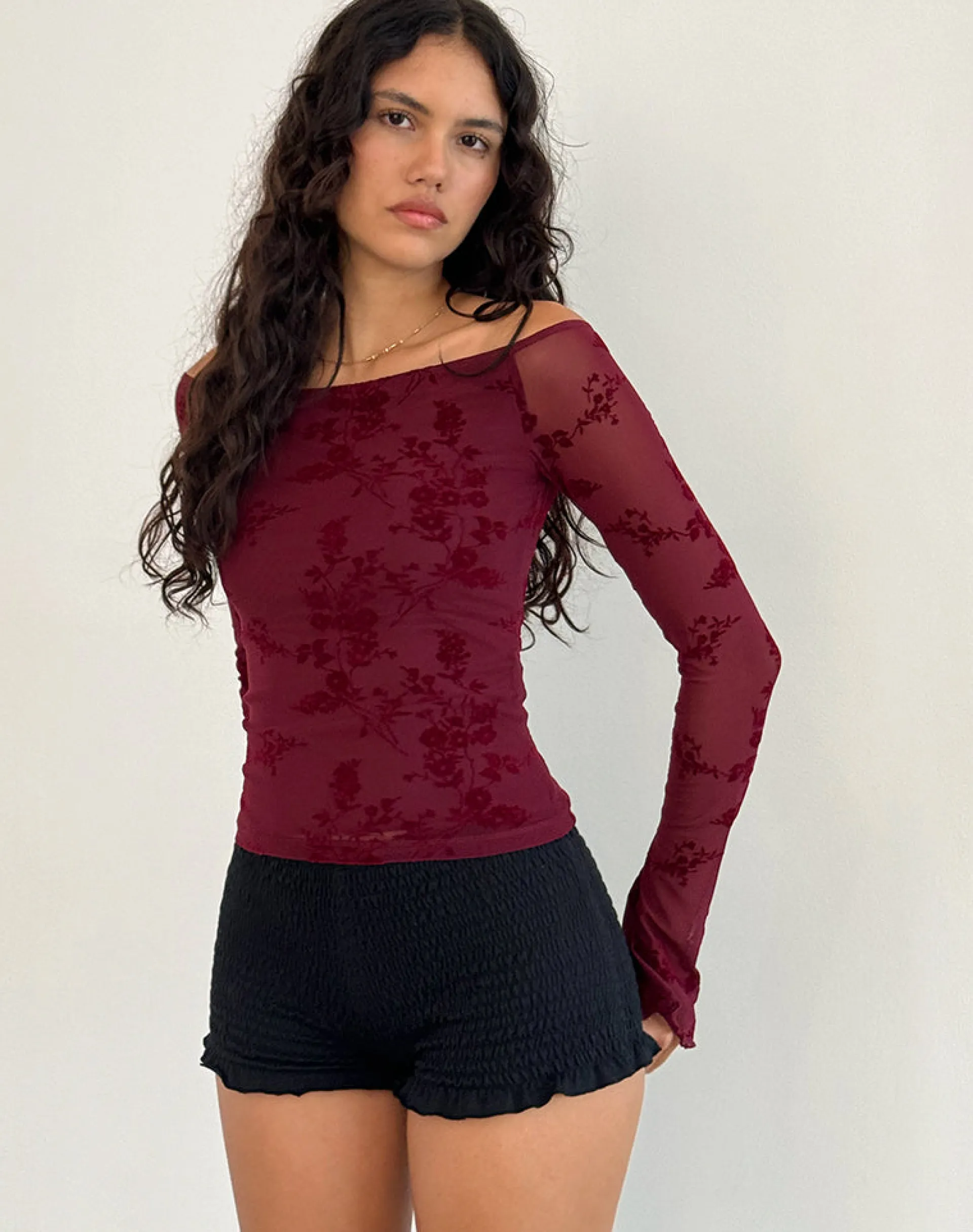 Motel Rocks Long Sleeve Tops | Going Out Tops-Lutana Top in Botanical Flower Maroon BotanicalFlowerMaroon