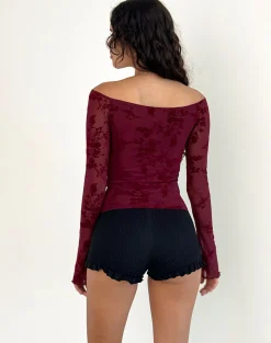 Motel Rocks Long Sleeve Tops | Going Out Tops-Lutana Top in Botanical Flower Maroon BotanicalFlowerMaroon