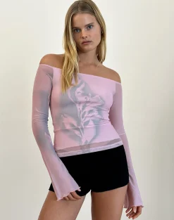 Motel Rocks Printed Tops | Long Sleeve Tops-Lutana Top in Lumen Mesh Peach LumenMeshpeach