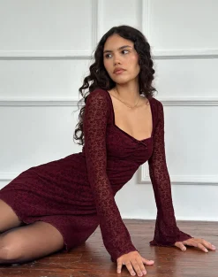 Motel Rocks Printed Dresses | Bodycon Dresses-Luth Mini Dress in Ditsy Flocked Burnt Maroon