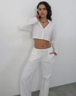 Motel Rocks Long Sleeve Tops-Lyse Super Cropped Shirt in White