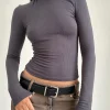 Motel Rocks Basics | Basic Tops-Mabel High Neck Long Sleeve Top in Rib Black Forest