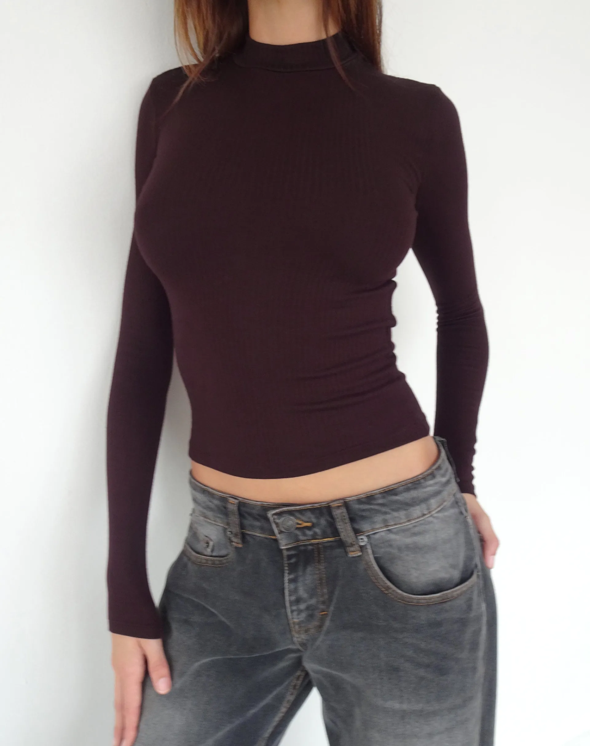 Motel Rocks Basics | Basic Tops-Mabel High-Neck Long Sleeve Ribbed Top in oxblood