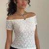 Motel Rocks Lace Tops | Going Out Tops-Mageina Bardot Top in Lace Ivory