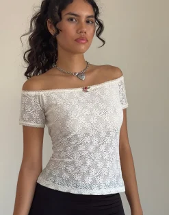Motel Rocks Lace Tops | Going Out Tops-Mageina Bardot Top in Lace Ivory