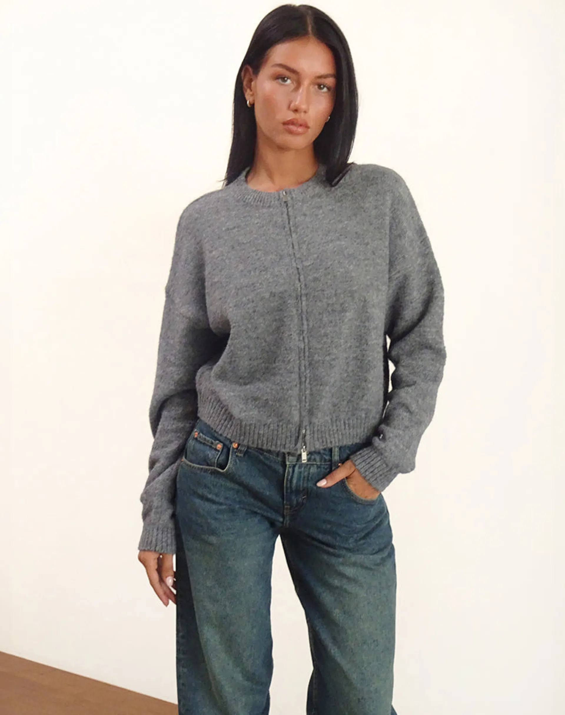 Motel Rocks Jackets-Maira Zip Through Jacket in Knit Grey