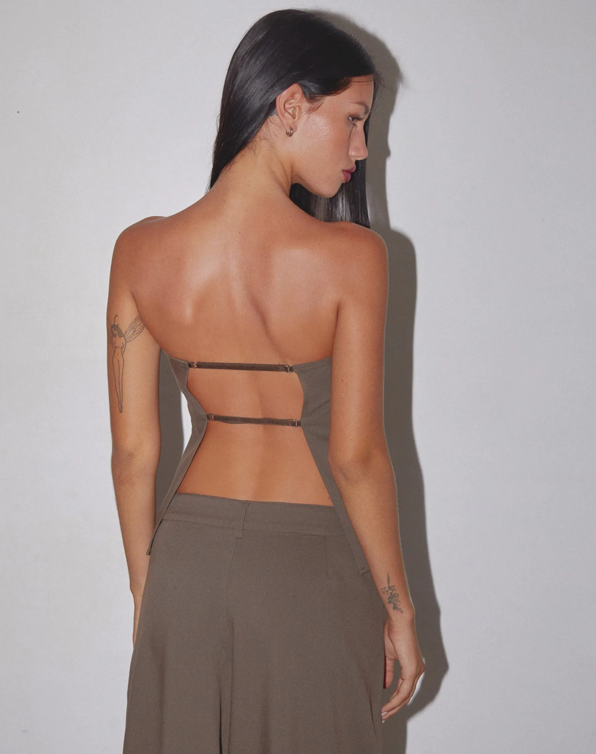 Motel Rocks Corset Tops | Bandeau Tops-Mairi Longline Bandeau Top in Taupe Tailoring TaupeTailoring