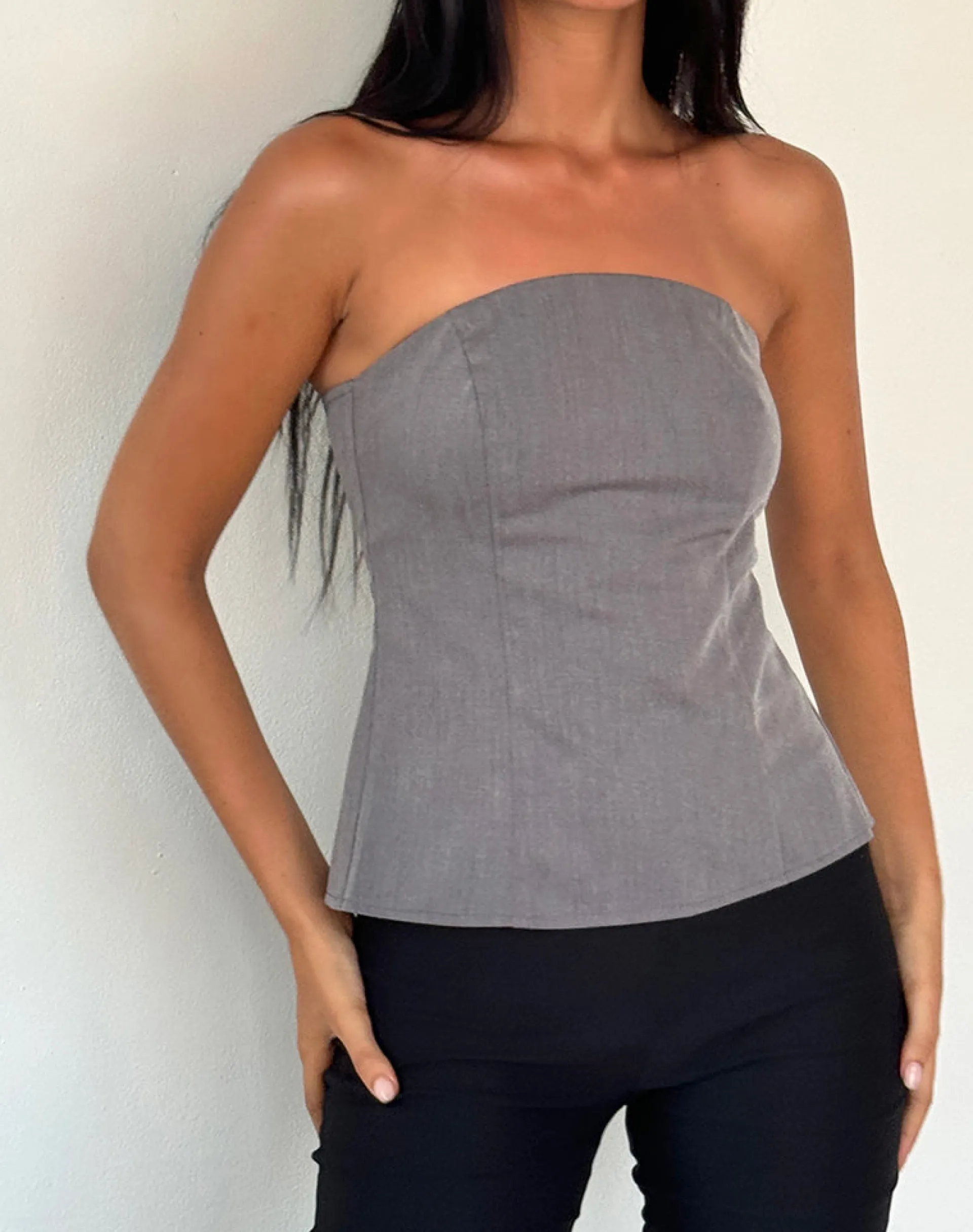 Motel Rocks Bandeau Tops-Mairi Longline Bandeau Top in Charcoal Tailoring CharcoalTailoring