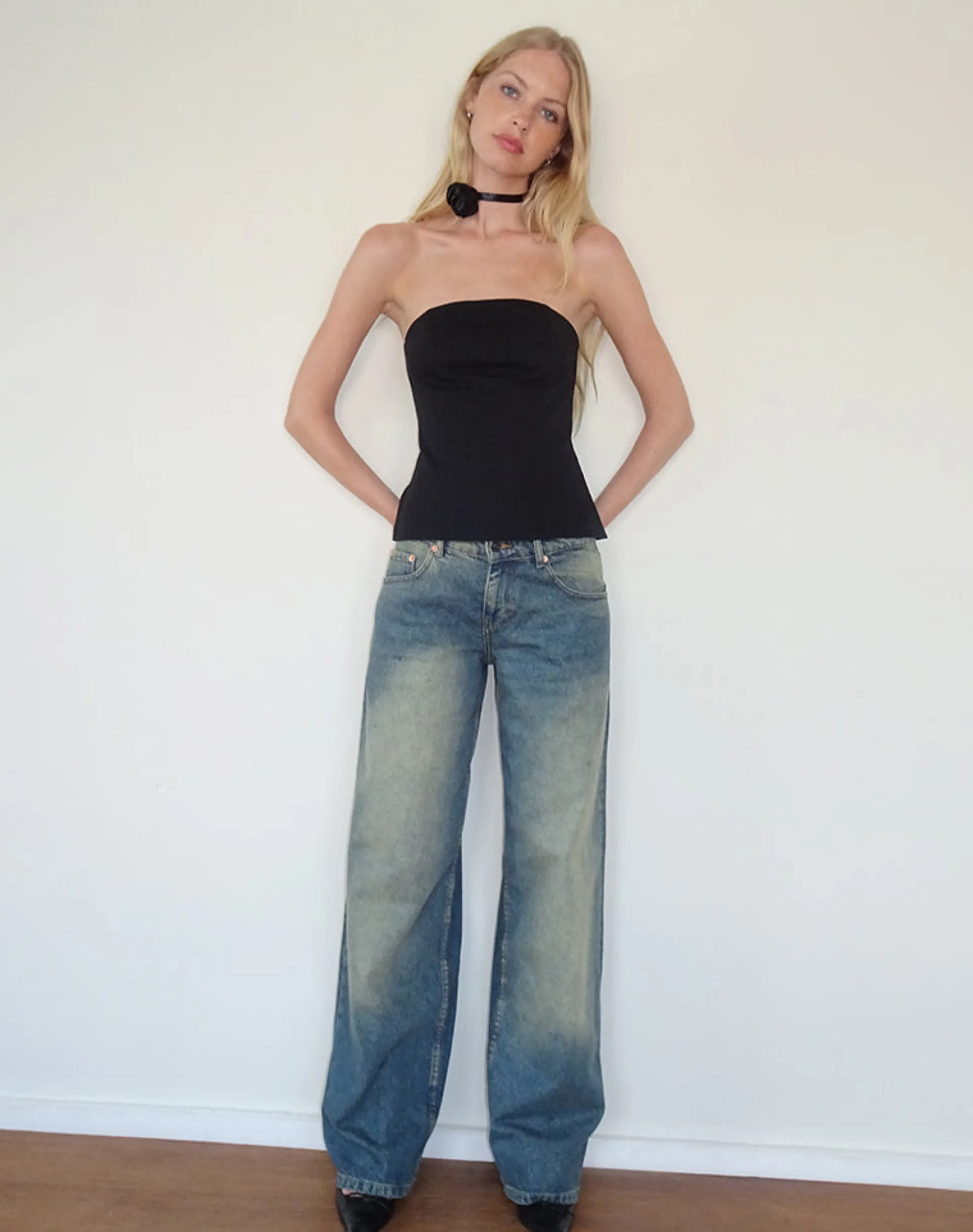 Motel Rocks Basics | Basic Tops-Mairi Longline Bandeau Top in Black Tailoring BlackTailoring