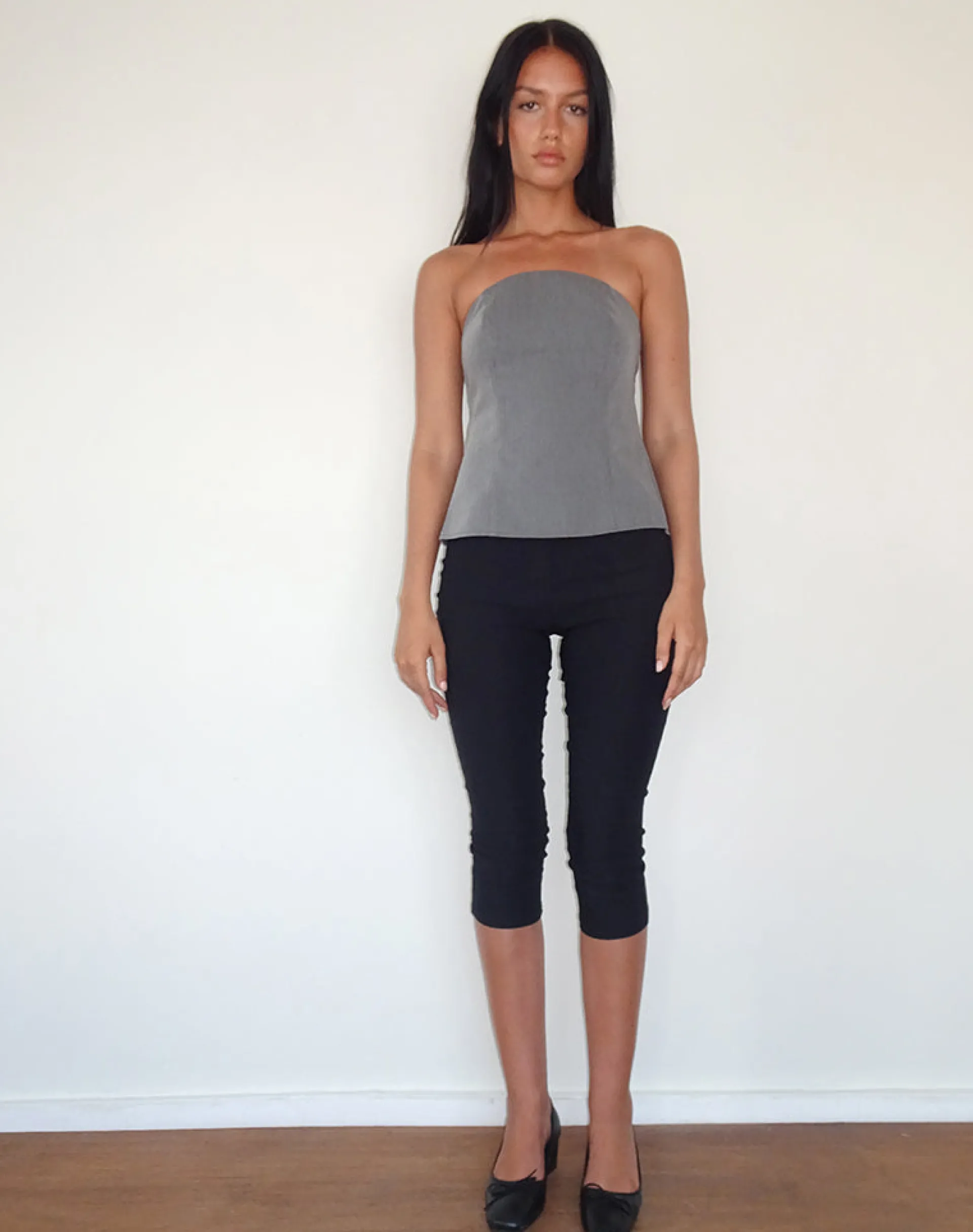Motel Rocks Bandeau Tops-Mairi Longline Bandeau Top in Charcoal Tailoring CharcoalTailoring