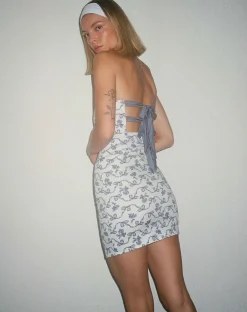 Motel Rocks Bodycon Dresses | Mini Dresses-Majken Mini Tie Back Dress in a Blue and White Ribbon Print