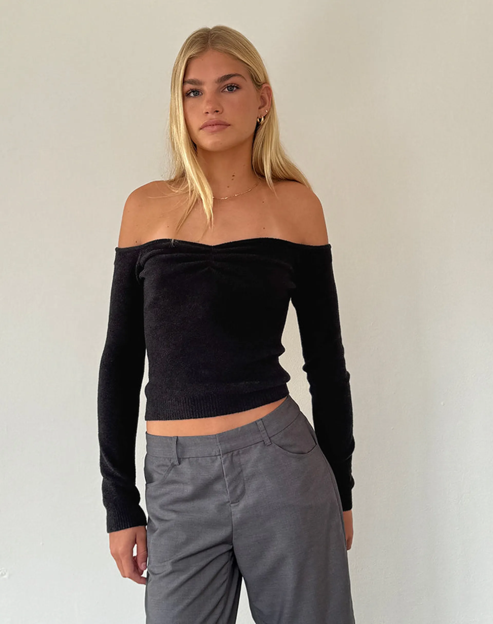 Motel Rocks Basic Tops | Long Sleeve Tops-Makena Bardot Jumper in Brushed Black