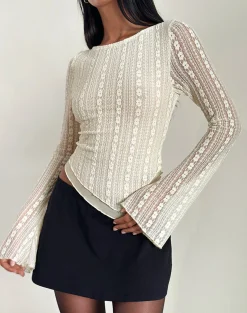 Motel Rocks Printed Tops | Long Sleeve Tops-Malakai Long Sleeve Top in Lace Ivory LaceIvory