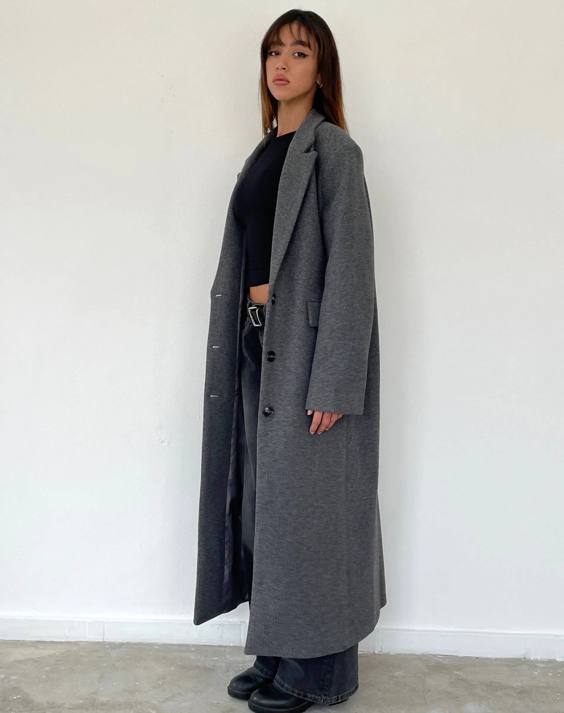 Motel Rocks Jackets | Coats-Malati Longline Coat in Charcoal
