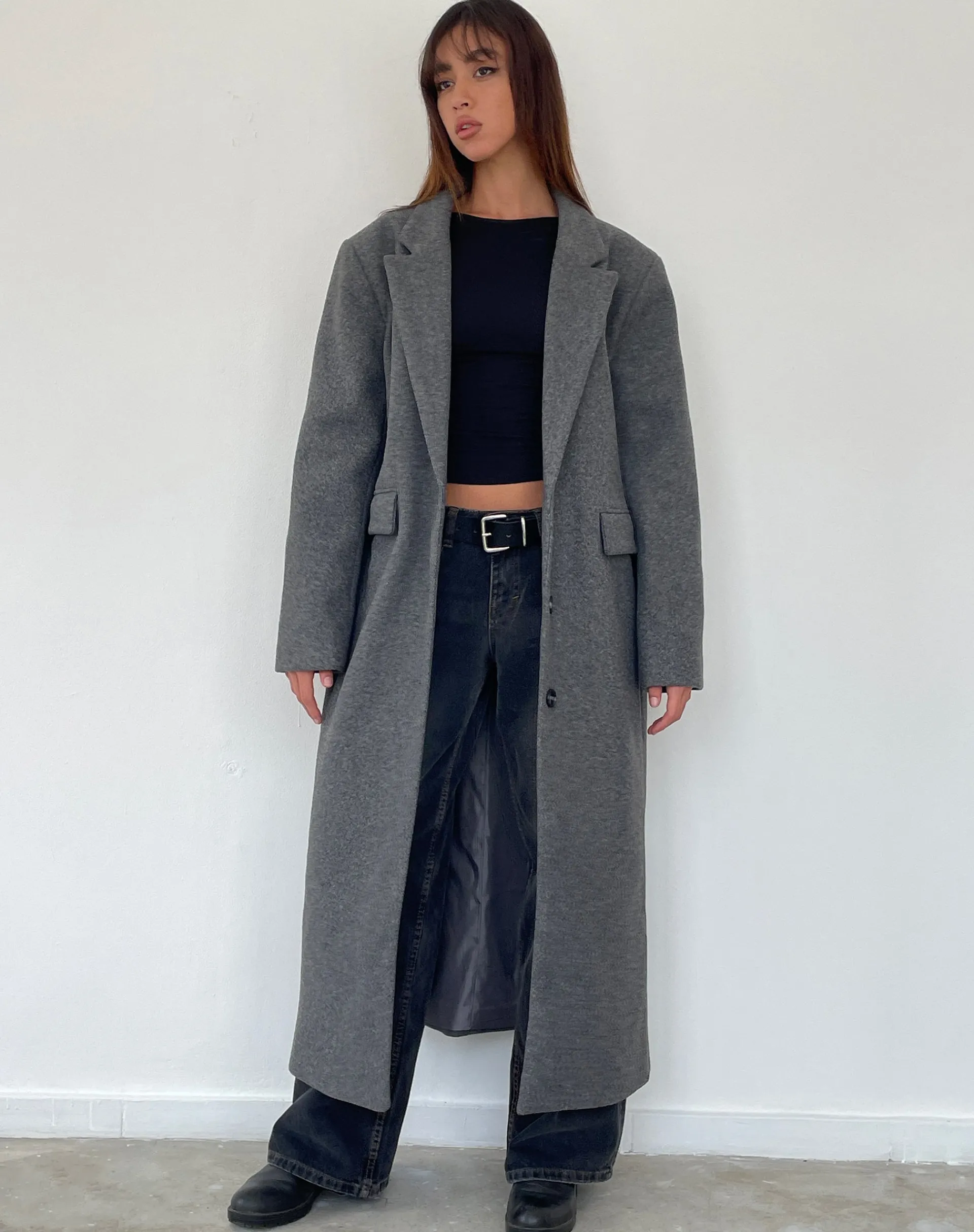 Motel Rocks Jackets | Coats-Malati Longline Coat in Charcoal