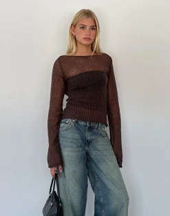 Motel Rocks Long Sleeve Tops-Manon Long Sleeve Sheer Knit Top in Chocolate Brown