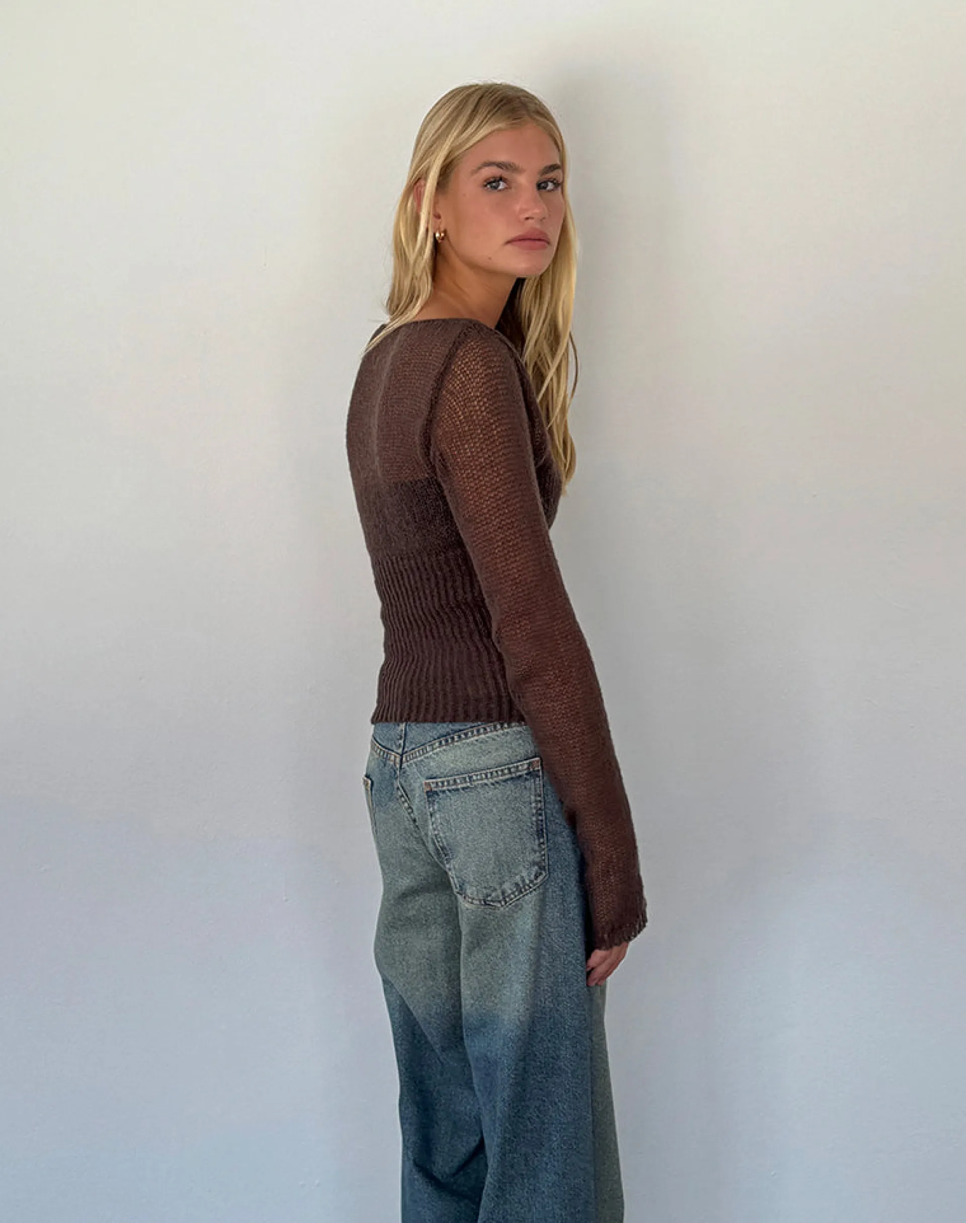 Motel Rocks Long Sleeve Tops-Manon Long Sleeve Sheer Knit Top in Chocolate Brown