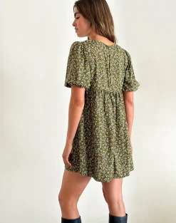 Motel Rocks Printed Dresses | Mini Dresses-Marate Puff Sleeve Mini Dress in Grunge Floral Khaki GrungeFloralKhaki