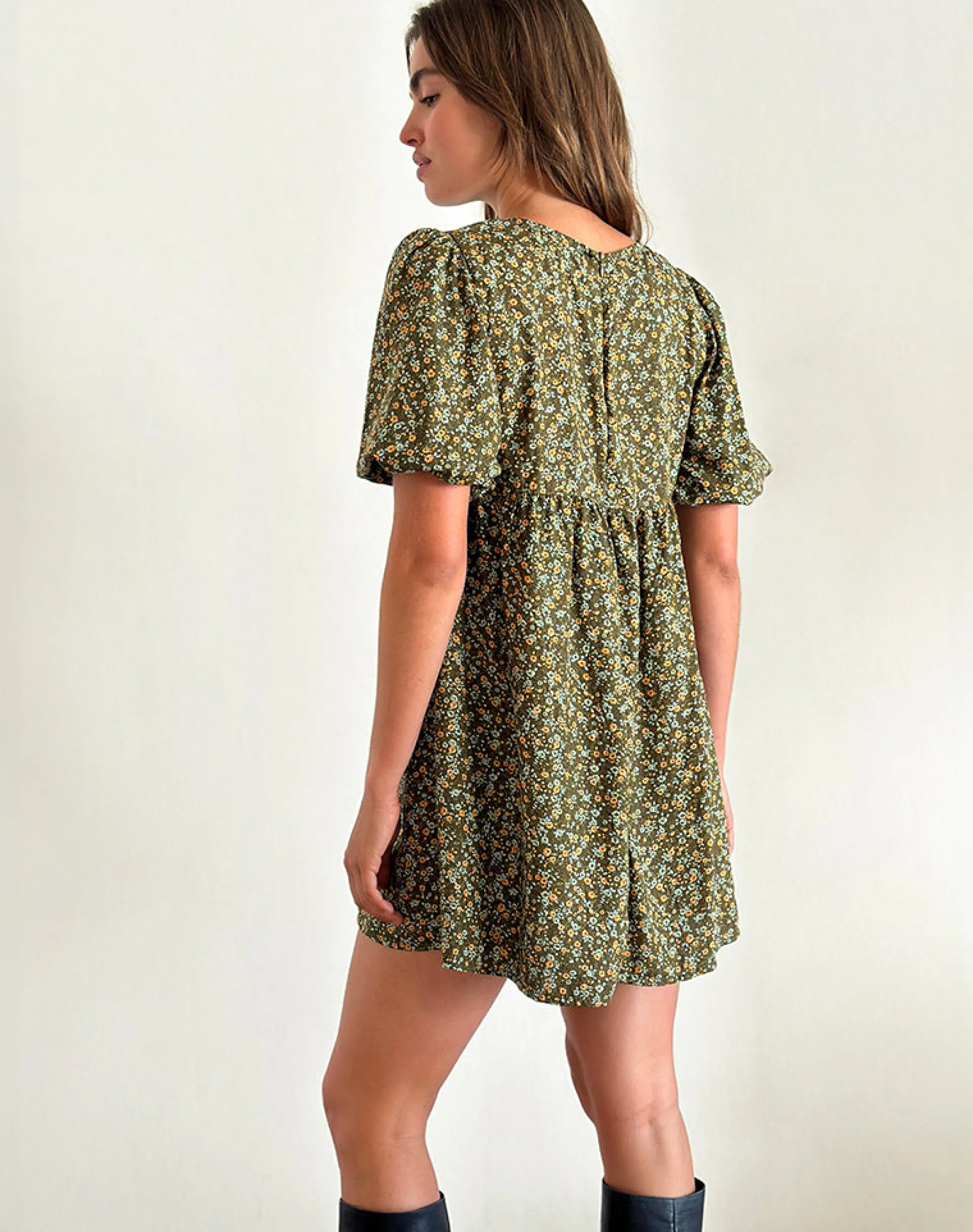 Motel Rocks Printed Dresses | Mini Dresses-Marate Puff Sleeve Mini Dress in Grunge Floral Khaki GrungeFloralKhaki