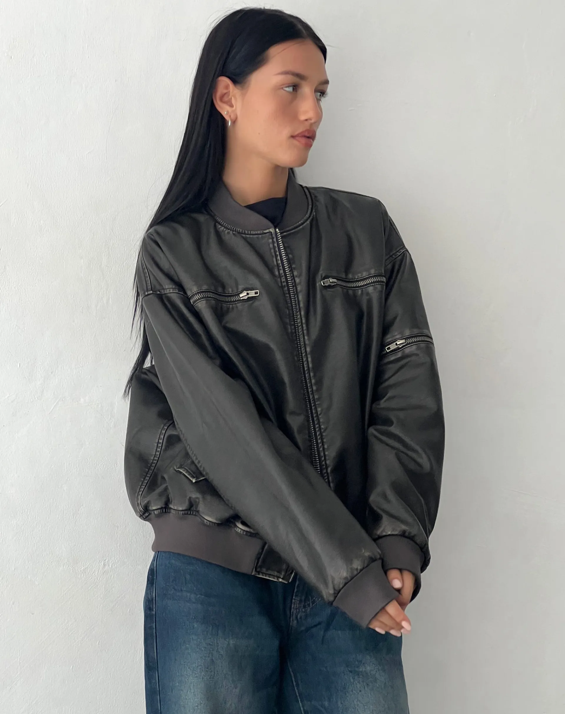 Motel Rocks Basics | Jackets-Marco Distressed Bomber Jacket in PU Black